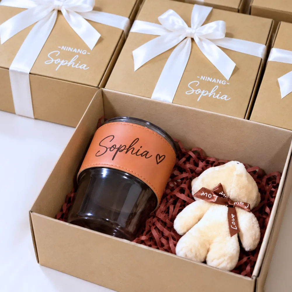Gift box with a personalized tumbler and teddy bear for Sophia