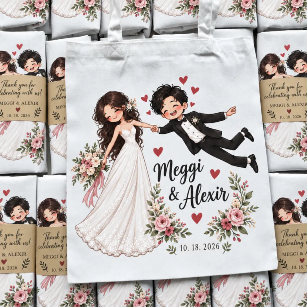 Wedding tote bag souvenir printed with a couple illustration and names